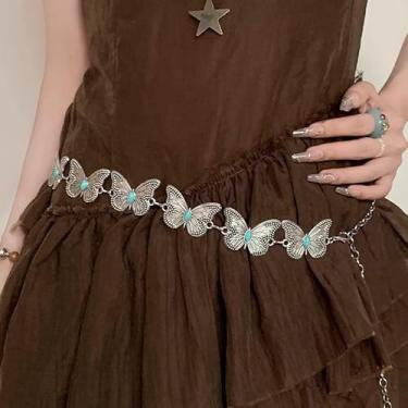 Imagem de Cinto de corrente de prata para mulheres, moda plus size, correntes de cintura prateadas, cintos de borboleta de metal, correntes de pedra turquesa, cintos de barriga modernos para mulheres