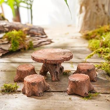 Imagem de 5 peças de mini acessórios de arte de jardim de toco, acessórios de jardinagem para paisagem, mesa de toco e cadeira pequenas decorações para casa, decorações de casa de brinquedo