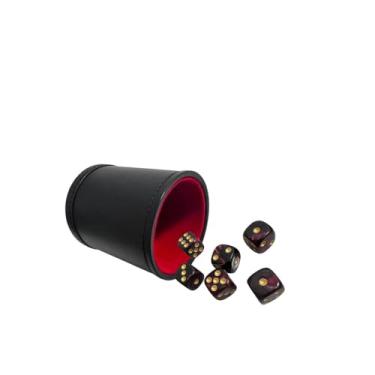 Imagem de TOPTAN PU Leatherette Dice Cup with 6 D6 Black and Red Dice for Yahtzee Farkle Bar Party Dice Games
