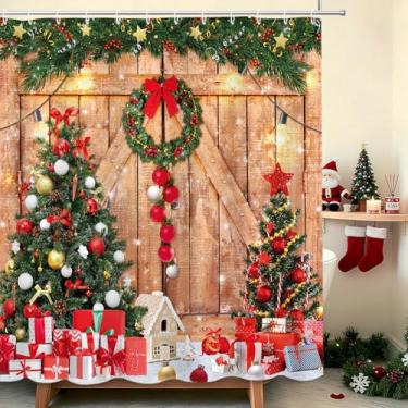 Imagem de MEHOFOND Cortina de chuveiro de Natal, caixa de presente de árvore de Natal de inverno, cortina de chuveiro de porta de madeira vintage country celeiro Natal feriado decoração de banheiro cortinas com