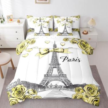 Imagem de Erosebridal Conjunto de cama com laço amarelo, 7 peças, floral, rosa e solteiro, com lençóis, cama da Torre Eiffel, decoração de quarto de meninas