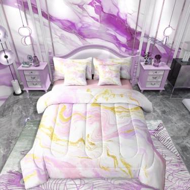 Imagem de Conjunto de edredom de 7 peças de flor de mármore preppy para cama de casal em uma bolsa, macio, simples, moderno, arte de aquarela e conjunto de lençol, estilo retrô, decoração de casa de mármore