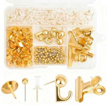 Imagem de Conjunto de 310 pinos de ouro, 5 tachinhas decorativas de polegar com ganchos e clipes, acessórios de escritório para quadro de cortiça, quadro de avisos, parede, casa e escola (dourado)