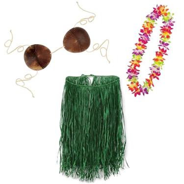 Imagem de Beistle Conjunto de fantasia havaiana de luau – saia extra grande de ráfia de hula verde, top de biquíni de coco ajustável e floral multicolorido para festivais de verão, celebrações na praia e festas