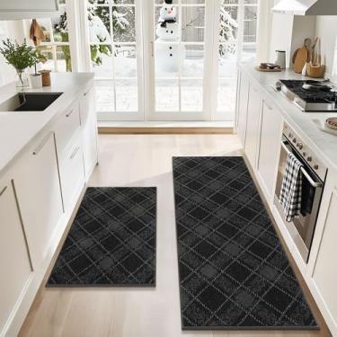 Imagem de COSY HOMEER Conjuntos de tapetes e tapetes de cozinha, 2 peças, tapetes de cozinha macios antiderrapantes para o chão, absorvente e resistente a manchas, tapetes xadrez laváveis para cozinha, 61 cm x