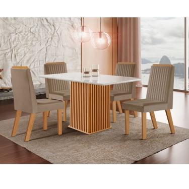Imagem de Conjunto Sala de Jantar Mesa Riviera com Tampo de Vidro 120cm e 4 Cadeiras Riviera LJ Móveis - Castanho Cinamomo/ Capuccino/Off White