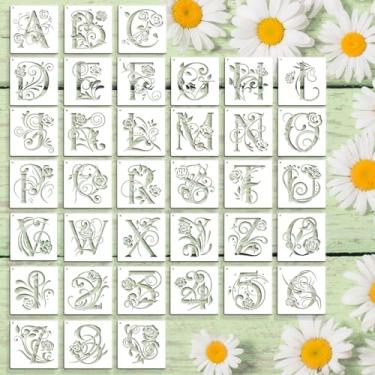 Imagem de 36 peças de estênceis de letras de flores para pintura em madeira, pintura artesanal, 10 cm reutilizáveis, modelos de números de fonte rosa, estênceis para mesa de casamento, papel de scrapbook