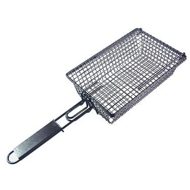 Imagem de Cesta para grelhar antiaderente com tampa Cesta de churrasco de metal com alça de madeira dobrável e removível Ferramenta de churrasco para pee Bife de vegetais Carne Camarão