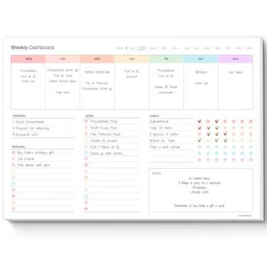 Imagem de Bloco de notas semanal do painel de tarefas – Planejador semanal sem data com rastreador de hábitos e notas – Layout A4 minimalista para produtividade, organização e gerenciamento de tempo (colorido)