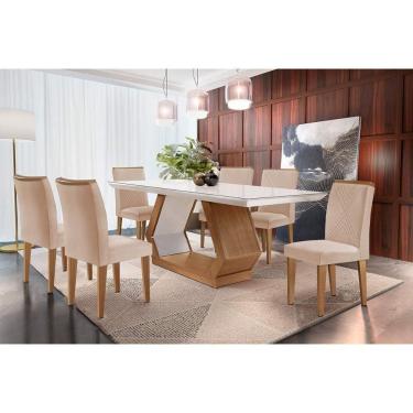 Imagem de Sala De Jantar Completa Alvorada Tampo Madeirado C- Vidro Canto Reto 180x90cm E 6 Cadeiras Amsterdã Imbuia-off White - Suede Creme - Rufato