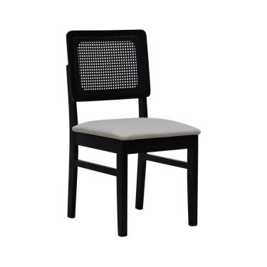 Imagem de Cadeira Lyon Madeira Maciça Encosto Telinha - Preto Assento Estofado Linho Bege