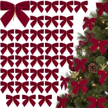 Imagem de Knitgrip 72 peças de pequenos laços de Natal de veludo para árvore de Natal, mini laços de Natal flocados, enfeites de guirlanda com laço torcido para guirlanda, embrulho de presente, decorações de