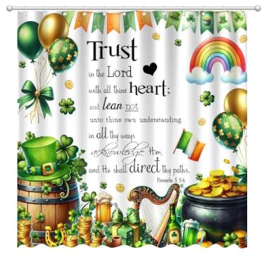 Imagem de Fitumiw Cortina de chuveiro Dia de São Patrício 183 cm x 183 cm Folhas de trevo verde trevo decoração de casa de banho citações inspiradoras Trust in The Lord conjunto de cortinas de banheira com 12