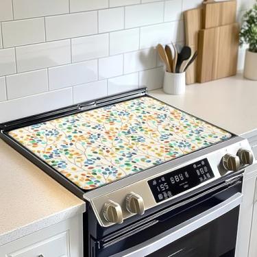 Imagem de Protetor de tampa superior de fogão elétrico de folhas coloridas, tapete de fogão de vidro de aquarela, tapete de fogão de indução de forno resistente ao calor para tapetes de bancada de cerâmica