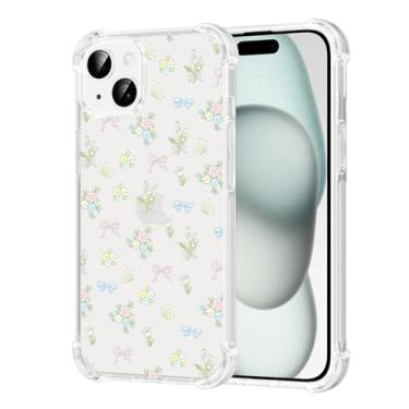 Imagem de FBHGLOA Capa de telefone para iPhone 15 de 6,1 polegadas, linda estética, flores coloridas, design de fita, com quatro cantos, reforçada, à prova de choque, antiamarelamento, capa transparente para