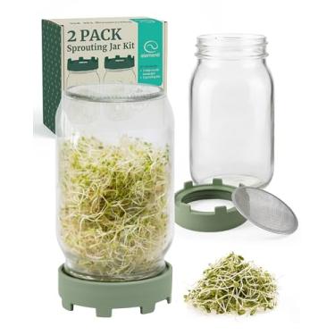 Imagem de Elementi Kit de pote para germinação - Conjunto de 2 frascos de vidro de boca larga com tampas de broto e tela de malha de aço inoxidável - Kit de germinação de sementes e frascos de broto para