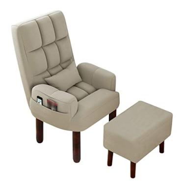 Imagem de Poltrona com apoio para os pés, cadeira confortável com pernas de madeira, cadeira de trabalho de linho de algodão respirável, reclinável de encosto, design ergonômico/bege