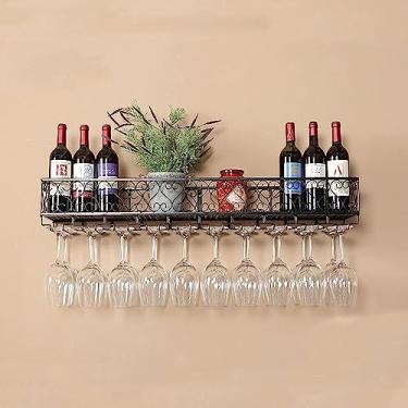 Imagem de RTTGWGF Garrafas de vinho e suporte de vidro montado na parede, suporte flutuante para taças de vinho para prateleira de vinho pequena para bar, adega, cozinha, metal preto