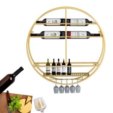 Imagem de THGYJP Prateleiras de metal para bar de vinho prateleira de exibição de garrafa de licor montada na parede com rack de copo de vinho, minibar, armário de álcool redondo para cozinha, sala de jantar