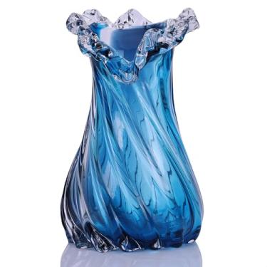Imagem de Vaso de vidro azul soprado à mão, vaso decorativo de boca larga, vaso de vidro azul, adequado para centros de mesa de jantar, mesas de centro de sala de estar, suportes de TV, decoração de entrada e
