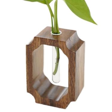 Imagem de Vaso de vidro pequeno, vaso para plantas com moldura de madeira | Suporte de flores de tubo de teste de vidro transparente para sala de estar, prateleira de entrada, manto, decoração de mesa