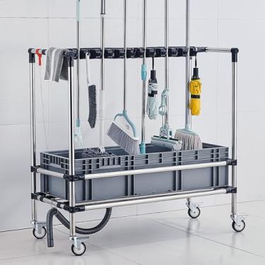 Imagem de JYXYXSCP Suporte móvel para esfregão de chão, suporte para esfregão de vassoura, ferramentas de limpeza, design de roda de 360°, bacia de captura, com ranhuras e ganchos (L80 cm)