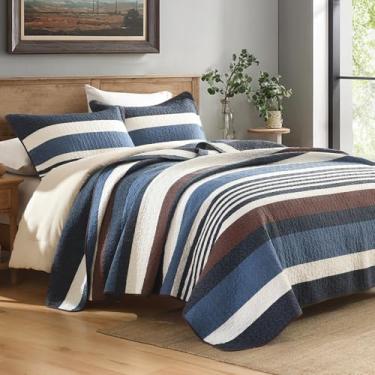 Imagem de PERHOM Conjunto de colcha king size 100% algodão, listrado azul escuro e marrom, com 2 fronhas, edredom fino e leve, conjunto de cama de patchwork macio, 3 peças