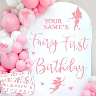Imagem de Decalque de primeiro aniversário "faça você mesmo" com nome de fada para pano de fundo rosa doce bebê menina adesivo de festa de 1º aniversário para arco de balão doce suprimentos de festa decalques