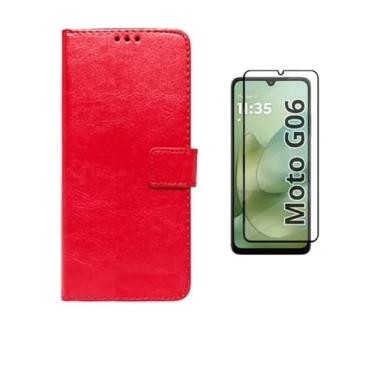 Imagem de Capa Capinha Case Carteira Couro Flip + Pelicula vidro 3D Motorola Moto G06 (vermelho)