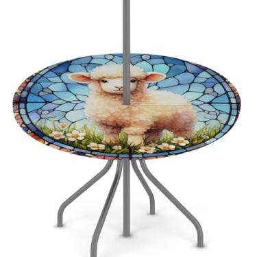 Imagem de hongjinglin Toalha de mesa de Páscoa para uso ao ar livre com orifício para guarda-chuva, toalha de mesa redonda elástica com zíper, impermeável, limpável, para piquenique, festa, pátio, serve para