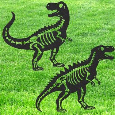 Imagem de LIRAVENO Estacas de jardim para decoração de dinossauros - 2 peças de estátuas metálicas de dinossauros à prova d'água decoração de silhueta de jardim para pátio externo caminho de gramado enfeites de