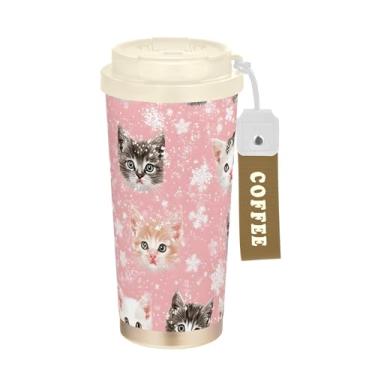 Imagem de SEHANY Caneca de viagem de gato gatinho fofo de 482 g xícaras de café reutilizáveis revestidas de cerâmica com tampa à prova de vazamento, parede dupla, isolamento a vácuo, copo de café de aço