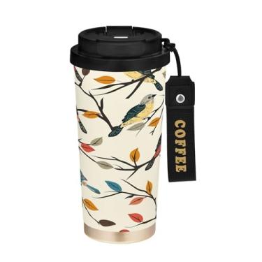 Imagem de SEHANY Caneca de café de viagem Flores e pássaros de 482 g com tampa revestida de cerâmica e à prova de vazamento, parede dupla, copo de aço inoxidável isolado a vácuo para bebidas quentes e frias