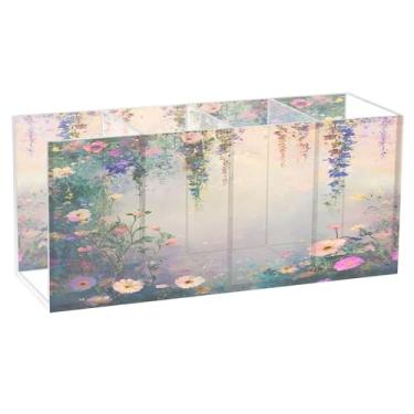 Imagem de SEHANY Porta-canetas de parede vintage de jardim para mesa, 4 compartimentos, porta-lápis de acrílico, organizador de pincéis de maquiagem, organizador de papelaria para escritório, casa