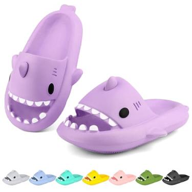 Imagem de LUYOO Chinelos infantis com nuvem de tubarão | Sandálias para meninos e meninas | Chinelos de praia infantis | Chinelo de peixe juvenil para banho de piscina, Roxa, 8.5-9.5 Toddler