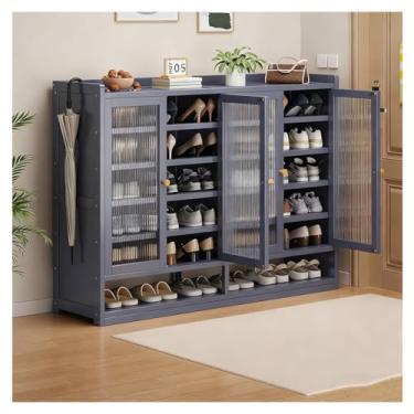 Imagem de SPXMQSS Sapateira para entrada, armário de sapatos de 7/8 níveis com portas, grande armário de armazenamento de sapatos, organizador de sapatos de bambu para 18-42 pares, sapateira independente cinza