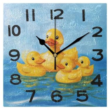 Imagem de Peystean Relógio de parede quadrado de 20,3 cm, patos de borracha fofos sem tique-taque, operado por bateria, analógico, silencioso, relógio de mesa para casa, cozinha, escritório, escola, biblioteca