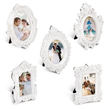 Imagem de Himitimi 5 porta-retratos vintage, moldura pequena de resina, linda moldura retangular oval barroca DIY com ganchos e placa traseira para decoração de festas de casamento em casa (branca)