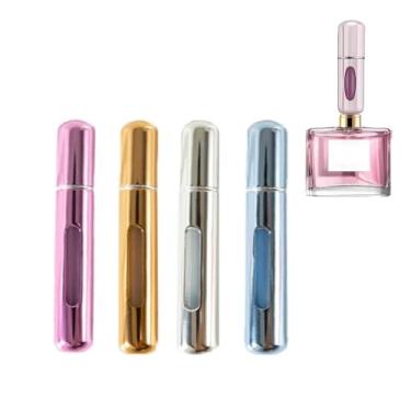 Imagem de Pacote com 4 atomizadores de perfume de 8 ml, mini frasco de spray de viagem de alumínio recarregável, bomba de pressão à prova de vazamento, atomizador de perfume portátil para bolsa, Rosa vermelha +