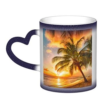 Imagem de Tropical Beach Palm Tree Divertido Xícara de Café Pôr do Sol Xícara de Cerâmica Mágica Sensível ao Calor 12 Oz, Para Café/Chá/Leite/Cacau, Para Adolescente/Aniversário/Festival/Presentes
