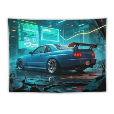Imagem de HouLaiZhe Tapeçaria de carro azul Jdm Car R32 Ruínas digitais legal para pendurar na parede quarto decoração de casa tapeçarias estética piquenique decoração de parede arte de parede para dormitório