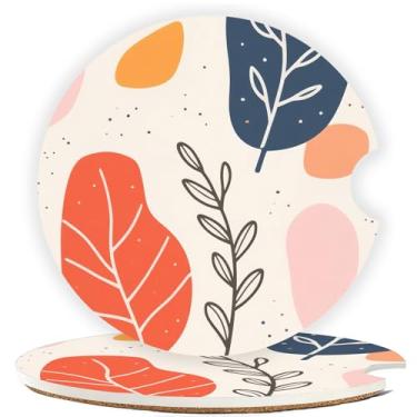 Imagem de Mengduxd Conjunto de porta-copos de carro, porta-copos de cerâmica de 2,56 cm, suporte de cortiça resistente a arranhões, design de ranhura de dedo para fácil colocação, unissex (folhas boêmias)