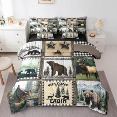 Imagem de Erosebridal Jogo de cama de casal rústico com decoração de casa de fazenda, urso, veado, 7 peças, preto e branco, xadrez, buffalo, bosque, animais da floresta, conjunto de cama com estrela do oeste do