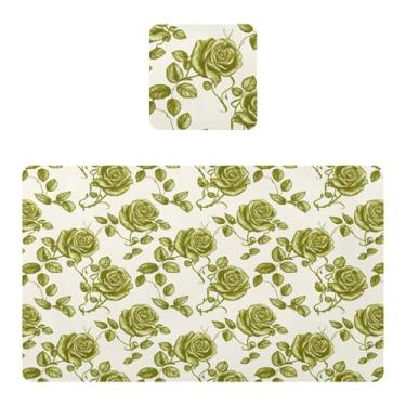 Imagem de Burbuja Jogo americano conjunto de 2, tapetes retrô de PVC com rosas verdes antiderrapantes resistentes ao calor à prova d'água para mesa de jantar, laváveis, 30,5 x 45,7 cm