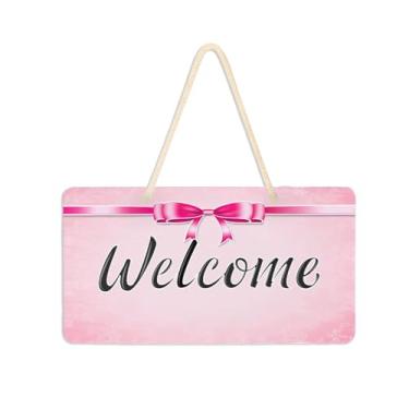 Imagem de Burbuja Placa de boas-vindas rosa com laço para porta da frente, placa de boas-vindas de PVC para decoração de férias, 15 x 28 cm