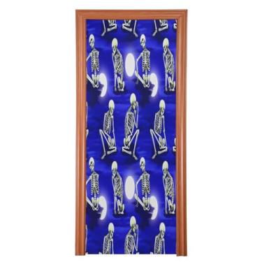 Imagem de Qilmy Decoração de capa de porta 81 x 200 cm tecido grande placa de decoração de festa de Halloween para porta da frente Halloween crânio varanda decoração externa janela parede 752