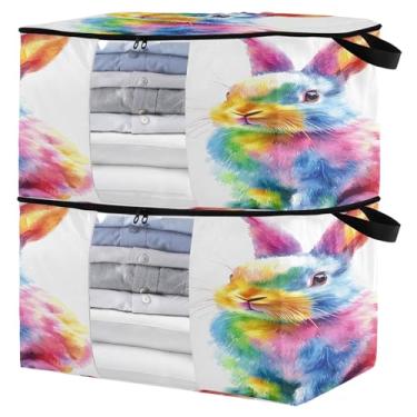 Imagem de Burbuja Pacote com 2 organizadores de bolsa de armazenamento com alças para roupas, cobertores, roupa de cama, bolsa de armazenamento dobrável de coelho colorido com zíper e janela transparente, 95L