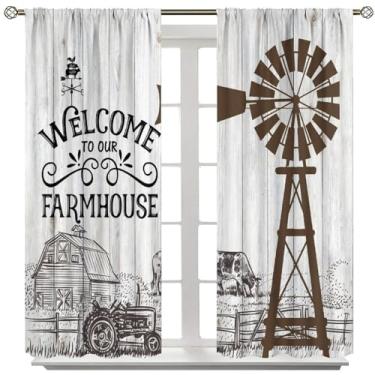 Imagem de AuiMzoo Cortinas rústicas para moinho de vento, vintage fazenda ocidental, porta de celeiro com painéis de madeira, decoração rústica, cortinas blackout para quarto, sala de estar, 182 x 150 cm