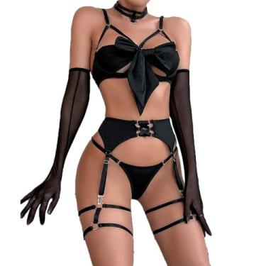Imagem de Conjunto de lingerie sexy de sutiã e calcinha para cosplay, fantasia de Natal, luvas, lindo, laço grande, biquíni, dia dos namorados