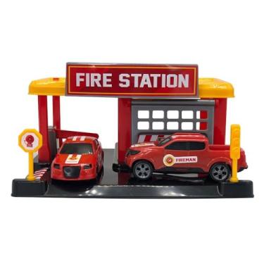 Imagem de Kit com 2 Unidades Brinquedo Estação de Bombeiro Fire Station, Vermelho e Amarelo, Polipropileno, com 2 Carrinhos, 13x5x5.5cm